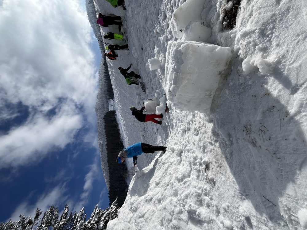 Väter und Kinder bauen ein Iglu 